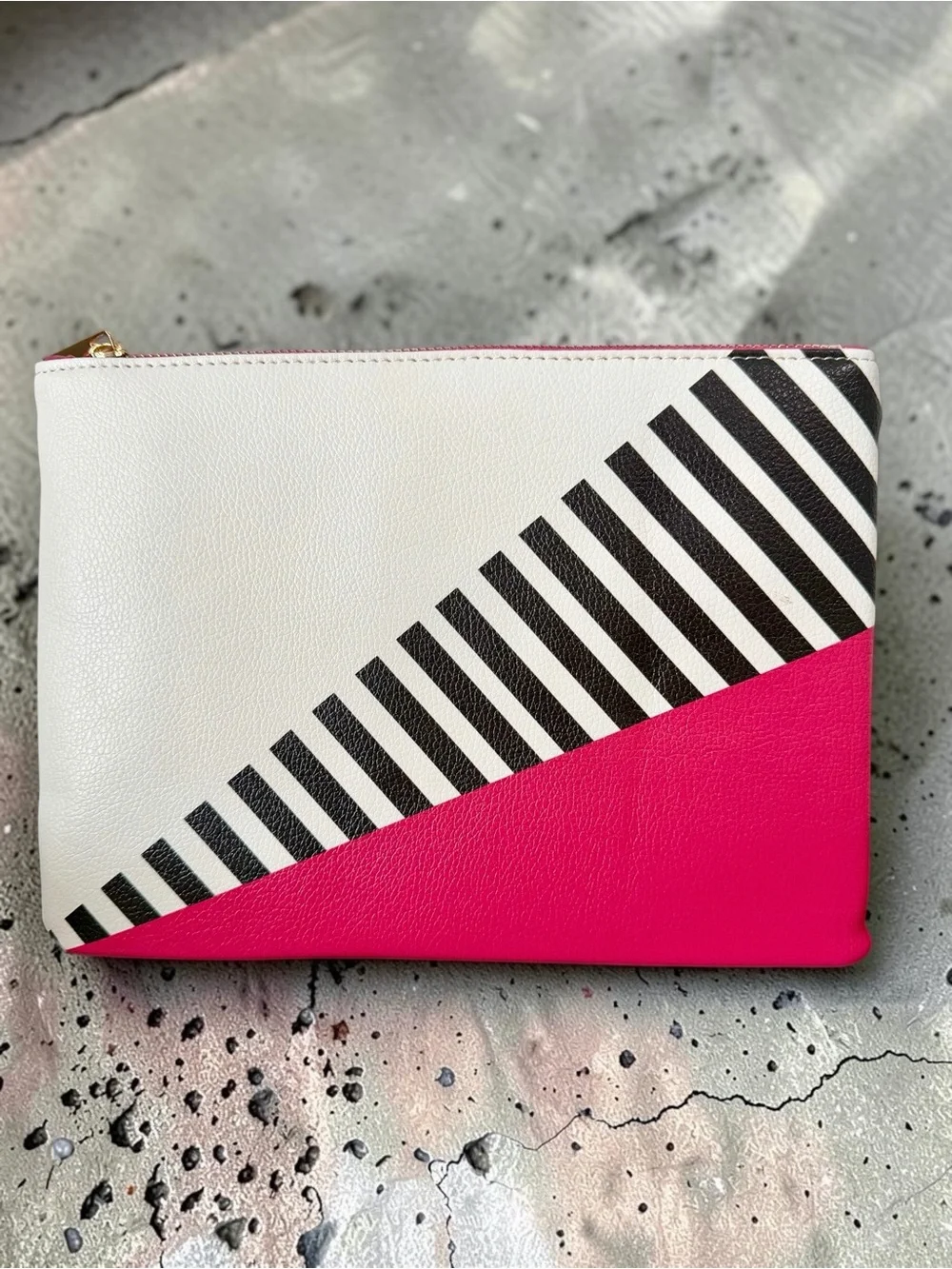 Brentano Geometric Vegan Pink Black & White Stripe Zip Clutch